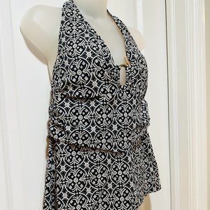 Lands End Black/White Patterned Tankini Halter Swim Top  Size 14